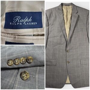 Ralph Lauren Blazer Men’s 46L Gray Wool Windowpane Plaid Sport Coat Jacket